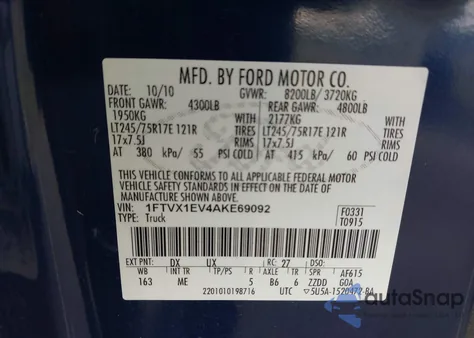 2010 Ford F-150 Xl/Xlt z USA, uszkodzony, nr VIN 1FTVX1EV4AKE69092